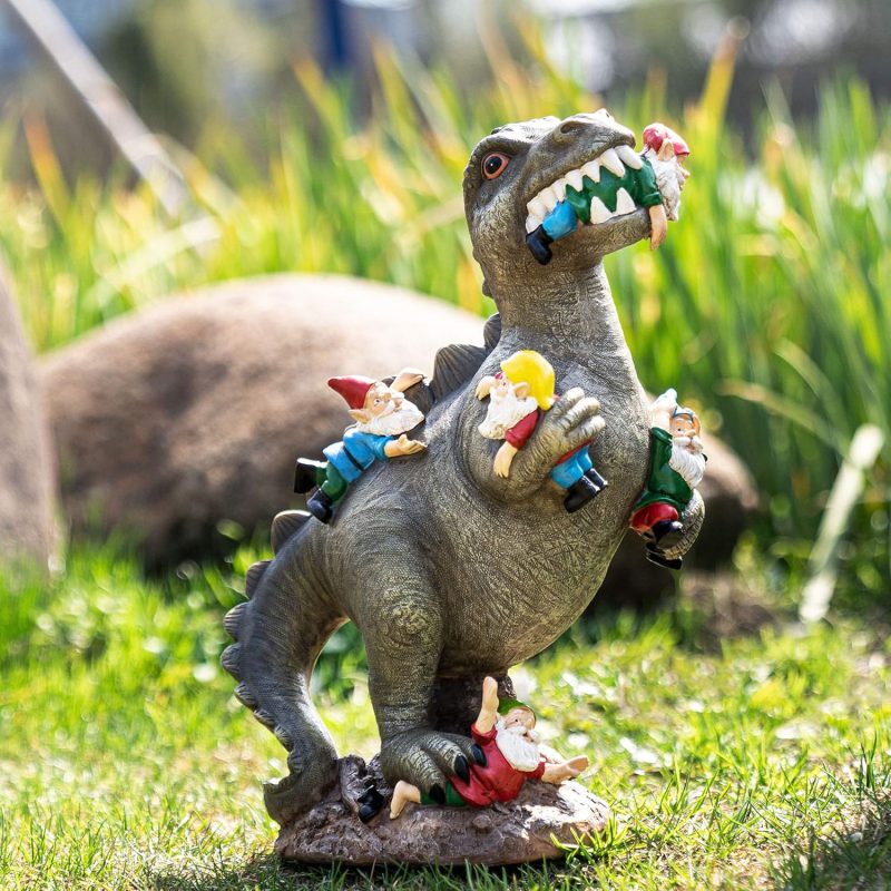 Garden Gnome Statue Outdoor Decor, 14 inch Dinosaur Garden Figurine, Resin Lawn Ornament for Patio, Yard, Housewarming Gift