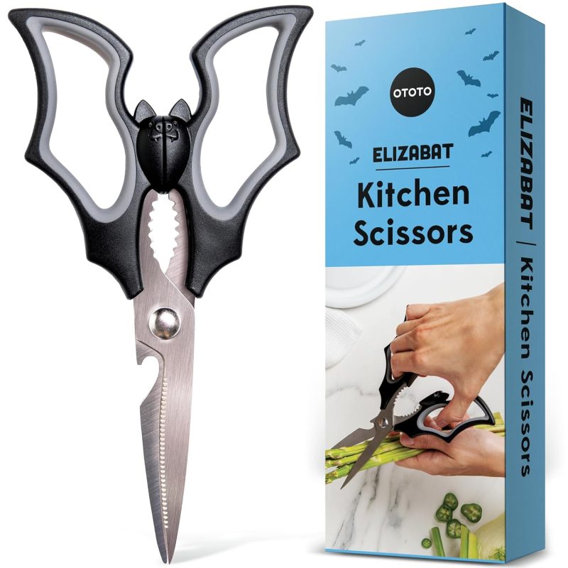 Kitchen Scissors - Halloween & Goth Bat Design, Durable Stainless Steel Shears for Food, Herbs, Cooking & Crafts