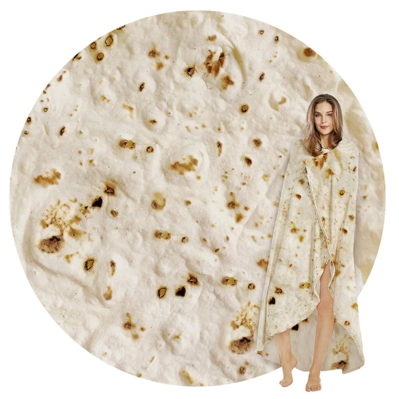 Tortilla Throw Blanket, Realistic Food Wrap Design, Double-Sided Round Soft Fleece Blanket for Adults and Kids, Beige, 47 Inch